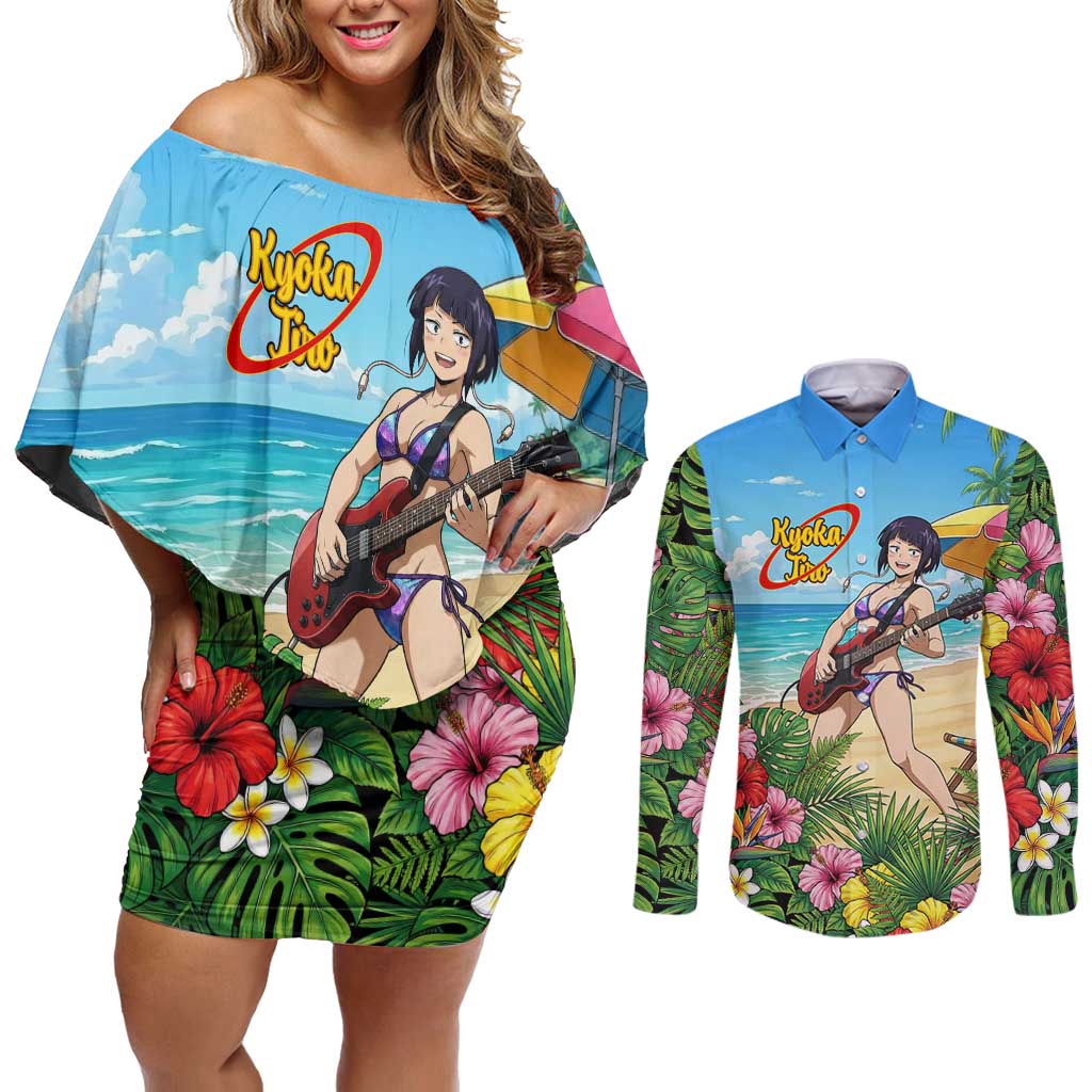 Kyoka Jiro Summer Chill Couples Matching Off Shoulder Short Dress and Long Sleeve Button Shirt Tropical Anime Rock Vibes