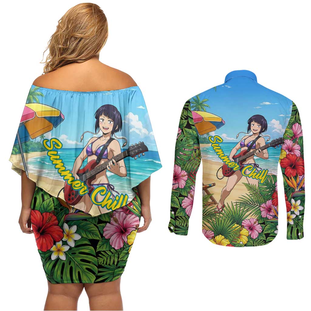 Kyoka Jiro Summer Chill Couples Matching Off Shoulder Short Dress and Long Sleeve Button Shirt Tropical Anime Rock Vibes
