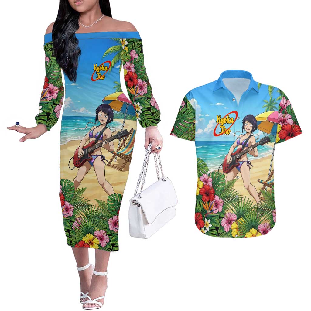 Kyoka Jiro Summer Chill Couples Matching Off The Shoulder Long Sleeve Dress and Hawaiian Shirt Tropical Anime Rock Vibes