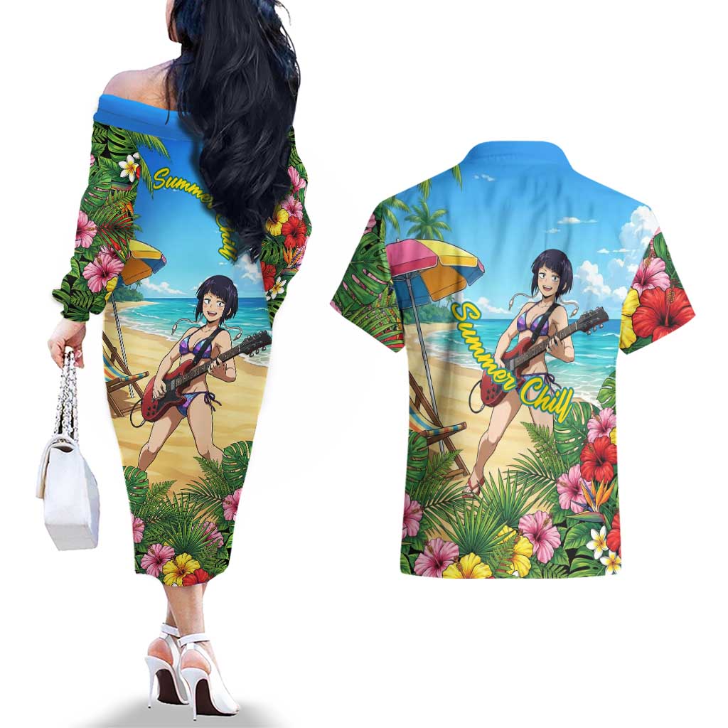Kyoka Jiro Summer Chill Couples Matching Off The Shoulder Long Sleeve Dress and Hawaiian Shirt Tropical Anime Rock Vibes