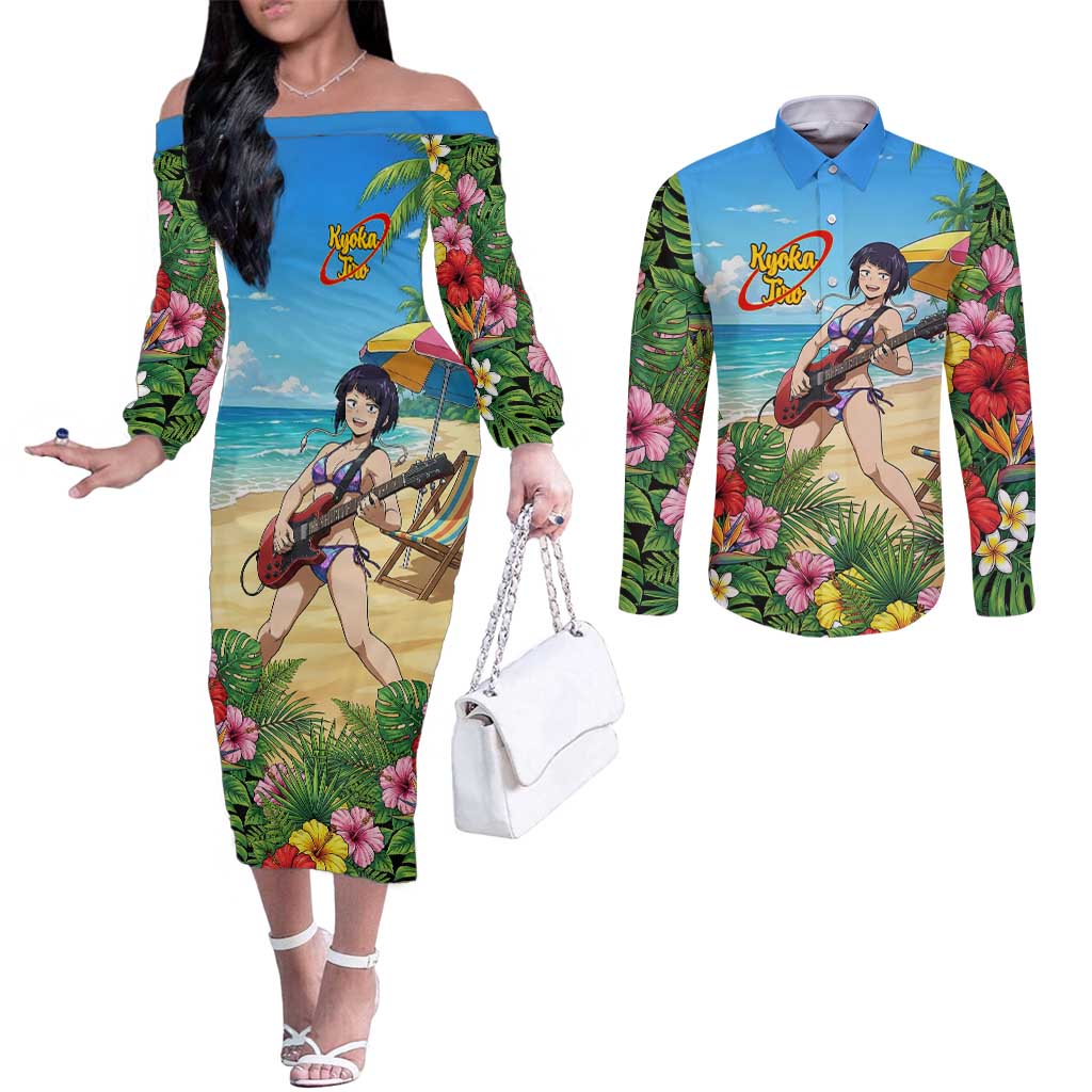 Kyoka Jiro Summer Chill Couples Matching Off The Shoulder Long Sleeve Dress and Long Sleeve Button Shirt Tropical Anime Rock Vibes