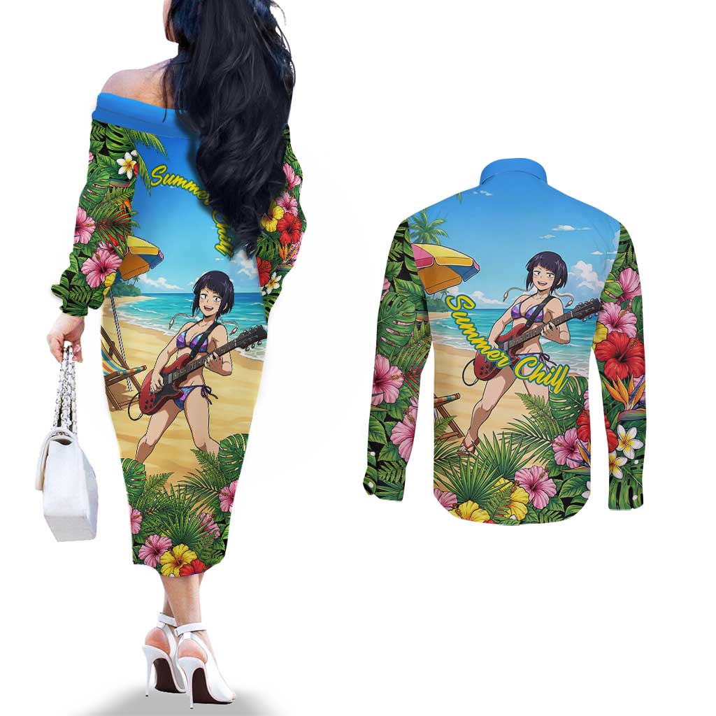 Kyoka Jiro Summer Chill Couples Matching Off The Shoulder Long Sleeve Dress and Long Sleeve Button Shirt Tropical Anime Rock Vibes