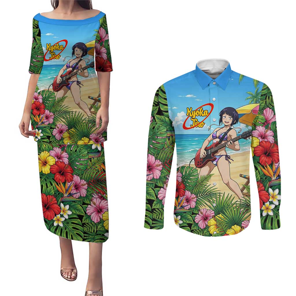 Kyoka Jiro Summer Chill Couples Matching Puletasi and Long Sleeve Button Shirt Tropical Anime Rock Vibes