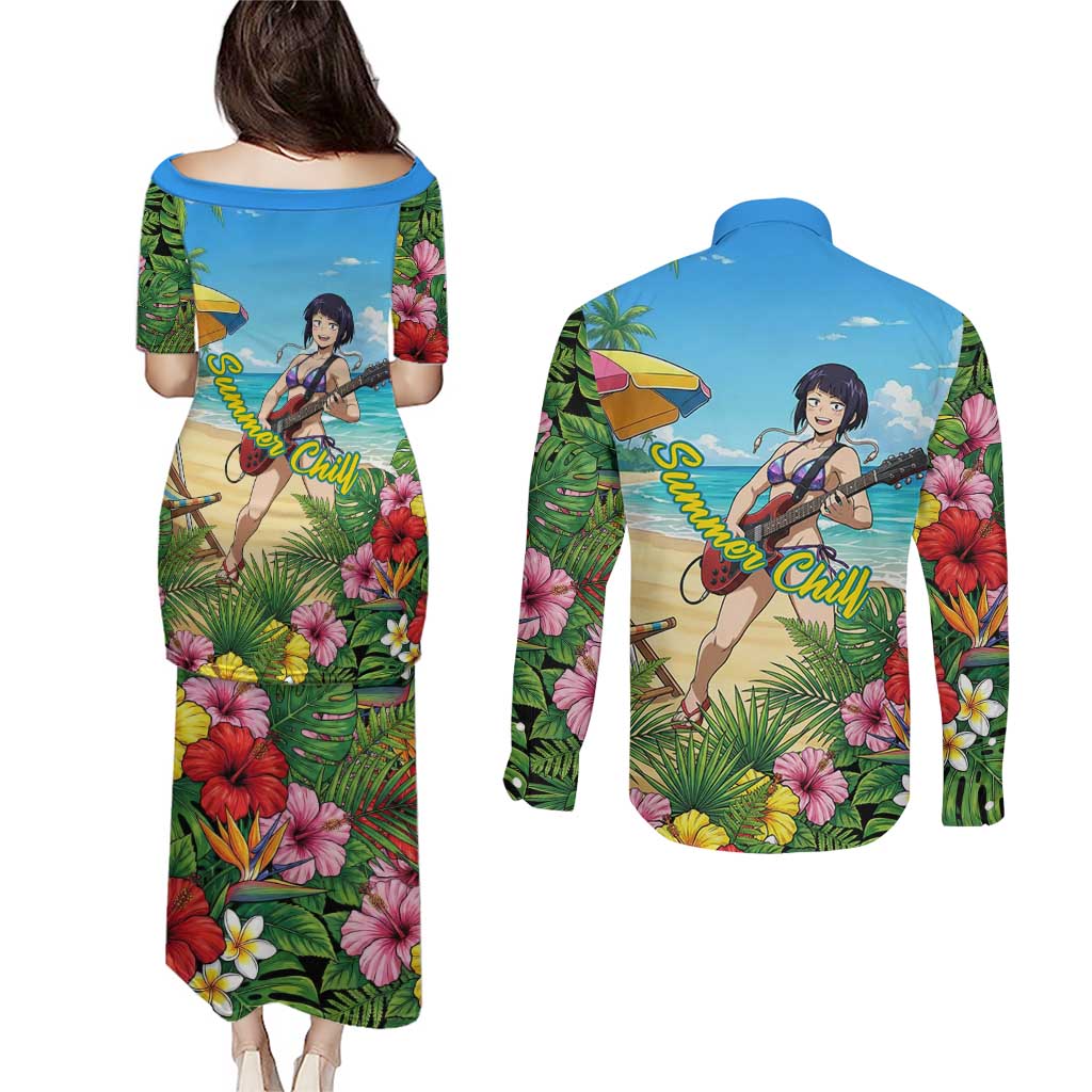 Kyoka Jiro Summer Chill Couples Matching Puletasi and Long Sleeve Button Shirt Tropical Anime Rock Vibes