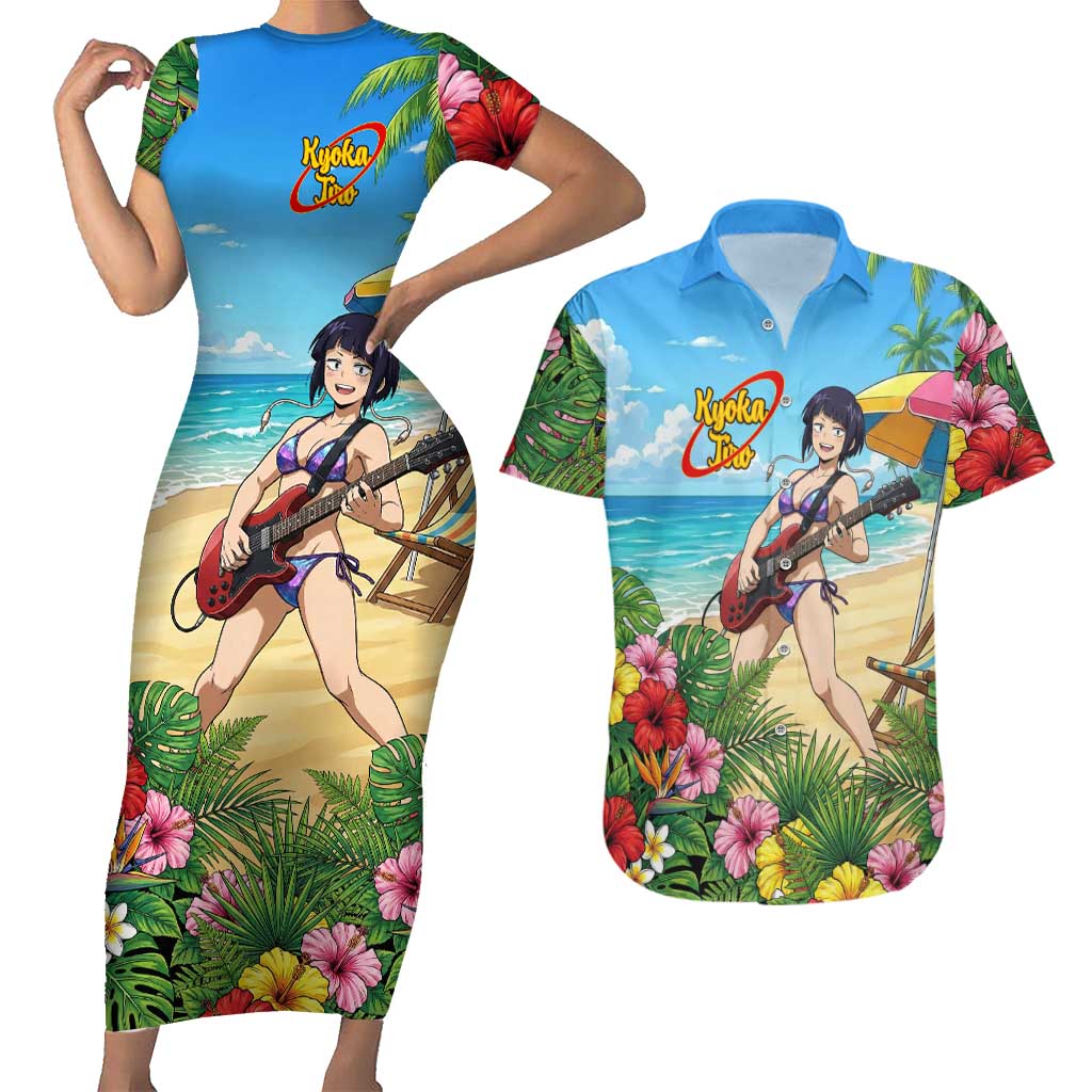 Kyoka Jiro Summer Chill Couples Matching Short Sleeve Bodycon Dress and Hawaiian Shirt Tropical Anime Rock Vibes