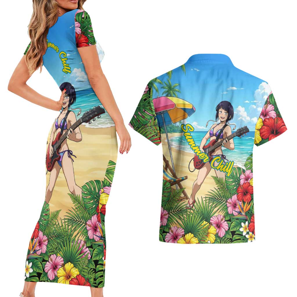 Kyoka Jiro Summer Chill Couples Matching Short Sleeve Bodycon Dress and Hawaiian Shirt Tropical Anime Rock Vibes