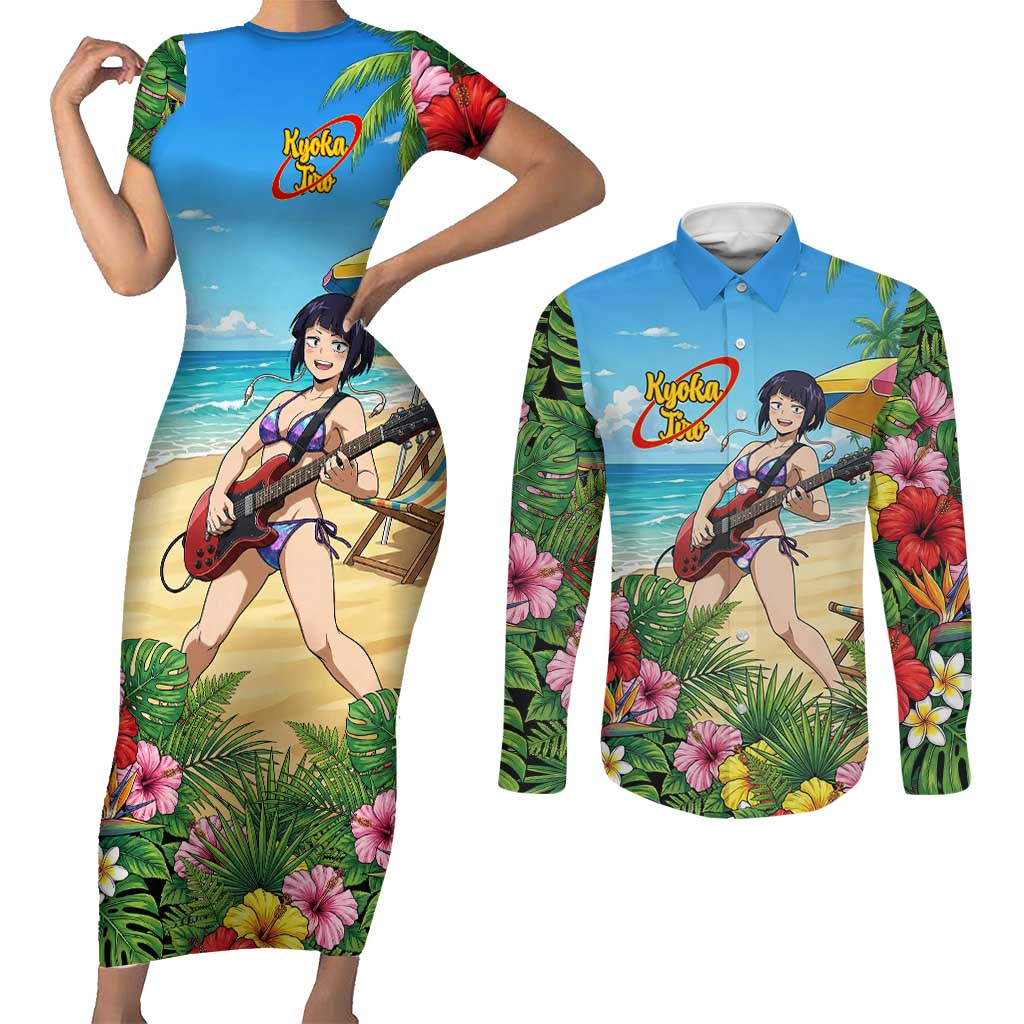 Kyoka Jiro Summer Chill Couples Matching Short Sleeve Bodycon Dress and Long Sleeve Button Shirt Tropical Anime Rock Vibes