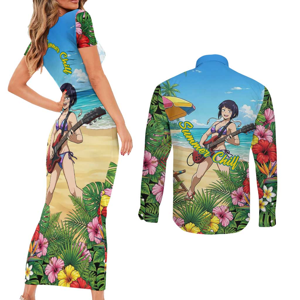 Kyoka Jiro Summer Chill Couples Matching Short Sleeve Bodycon Dress and Long Sleeve Button Shirt Tropical Anime Rock Vibes