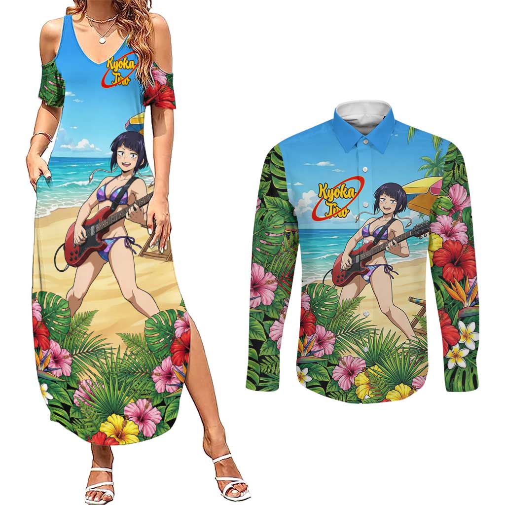 Kyoka Jiro Summer Chill Couples Matching Summer Maxi Dress and Long Sleeve Button Shirt Tropical Anime Rock Vibes