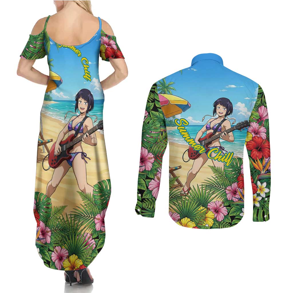 Kyoka Jiro Summer Chill Couples Matching Summer Maxi Dress and Long Sleeve Button Shirt Tropical Anime Rock Vibes