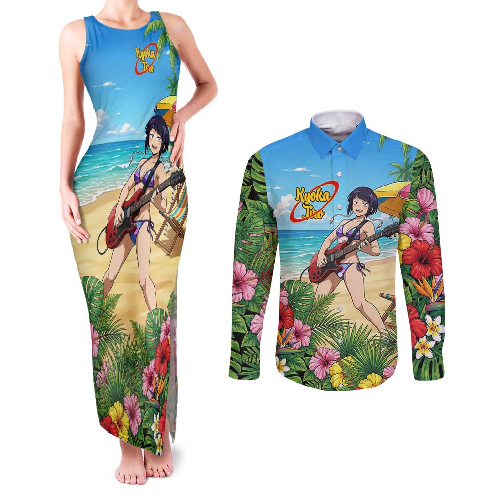 Kyoka Jiro Summer Chill Couples Matching Tank Maxi Dress and Long Sleeve Button Shirt Tropical Anime Rock Vibes