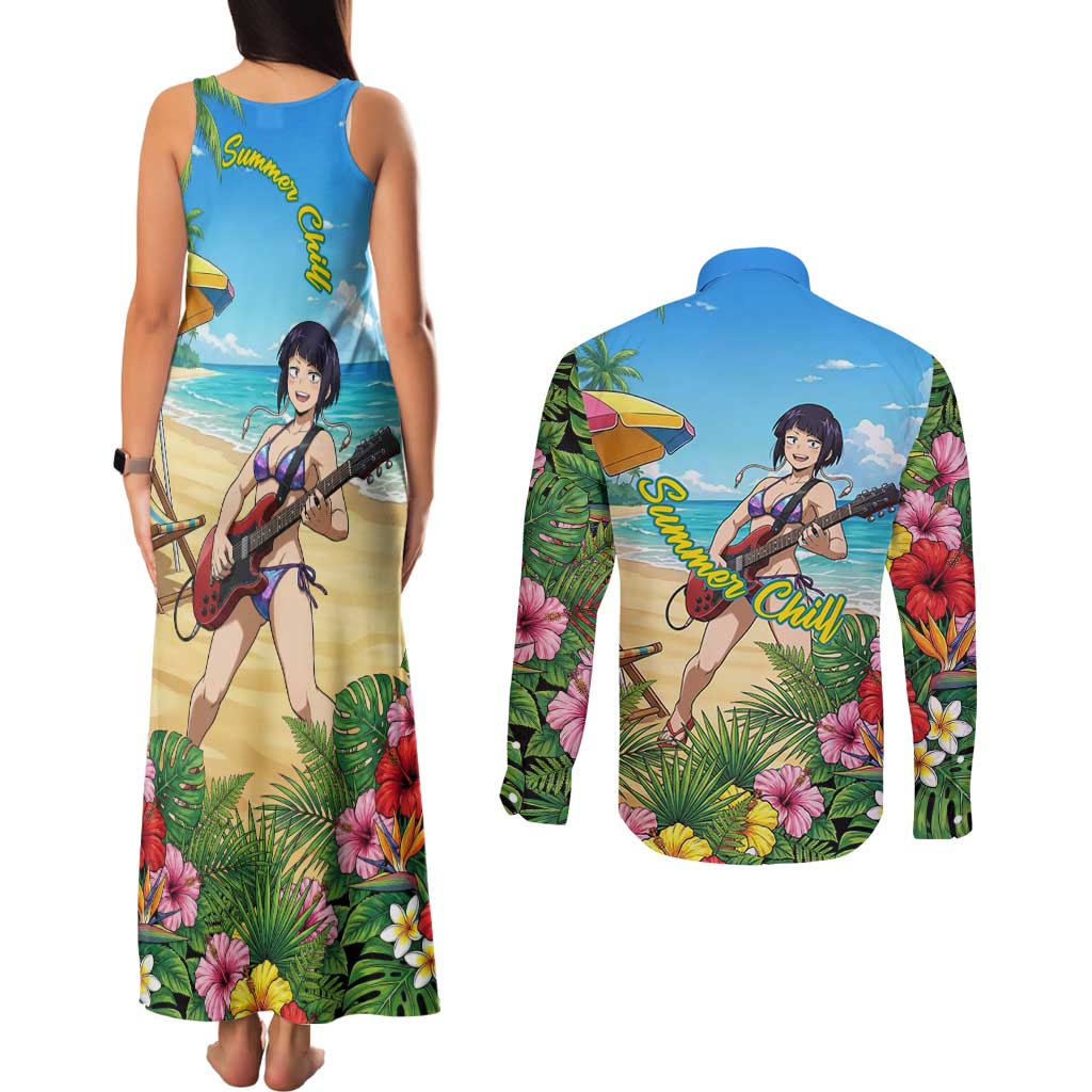 Kyoka Jiro Summer Chill Couples Matching Tank Maxi Dress and Long Sleeve Button Shirt Tropical Anime Rock Vibes