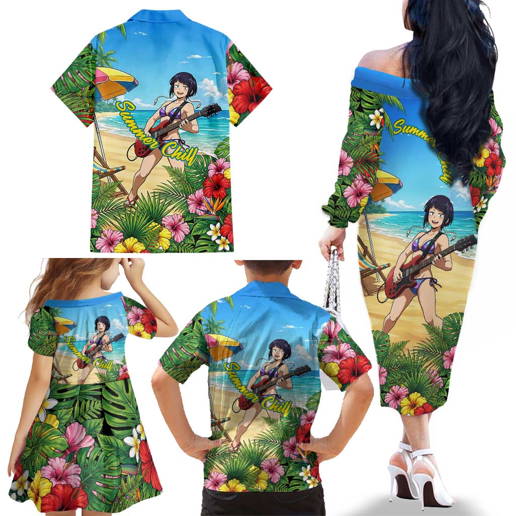 Kyoka Jiro Summer Chill Family Matching Off The Shoulder Long Sleeve Dress and Hawaiian Shirt Tropical Anime Rock Vibes