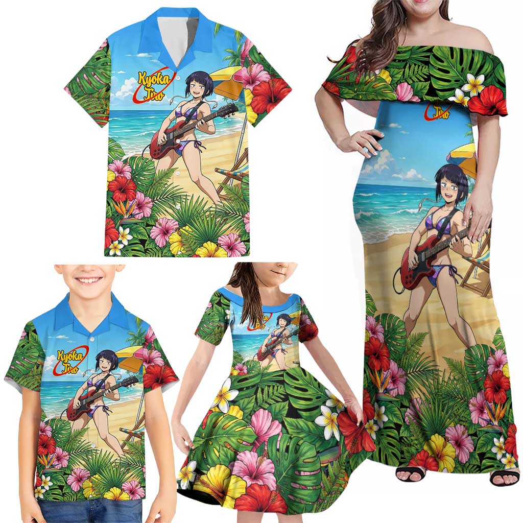 Kyoka Jiro Summer Chill Family Matching Off Shoulder Maxi Dress and Hawaiian Shirt Tropical Anime Rock Vibes