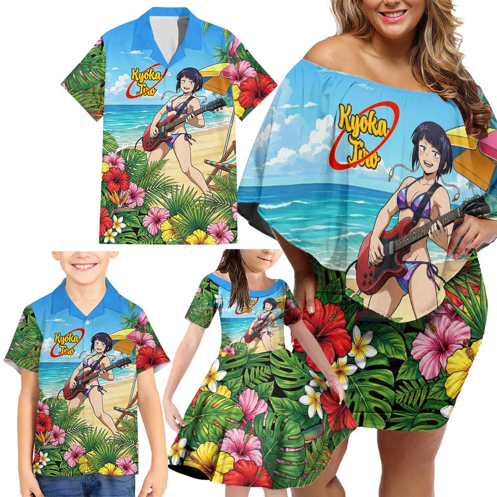 Kyoka Jiro Summer Chill Family Matching Off Shoulder Short Dress and Hawaiian Shirt Tropical Anime Rock Vibes