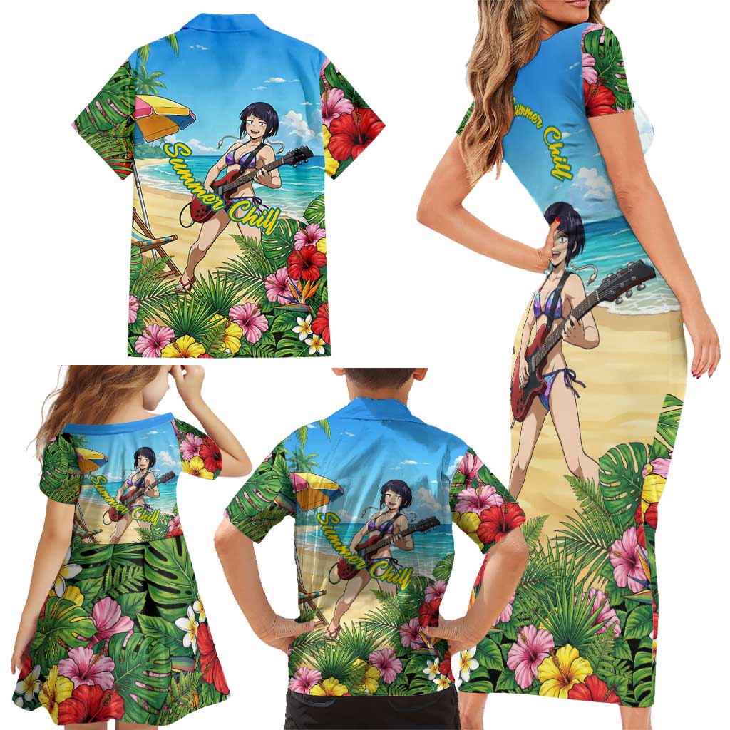 Kyoka Jiro Summer Chill Family Matching Short Sleeve Bodycon Dress and Hawaiian Shirt Tropical Anime Rock Vibes