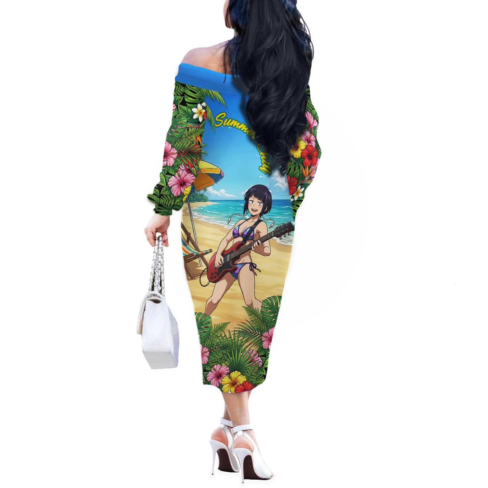 Kyoka Jiro Summer Chill Off The Shoulder Long Sleeve Dress Tropical Anime Rock Vibes