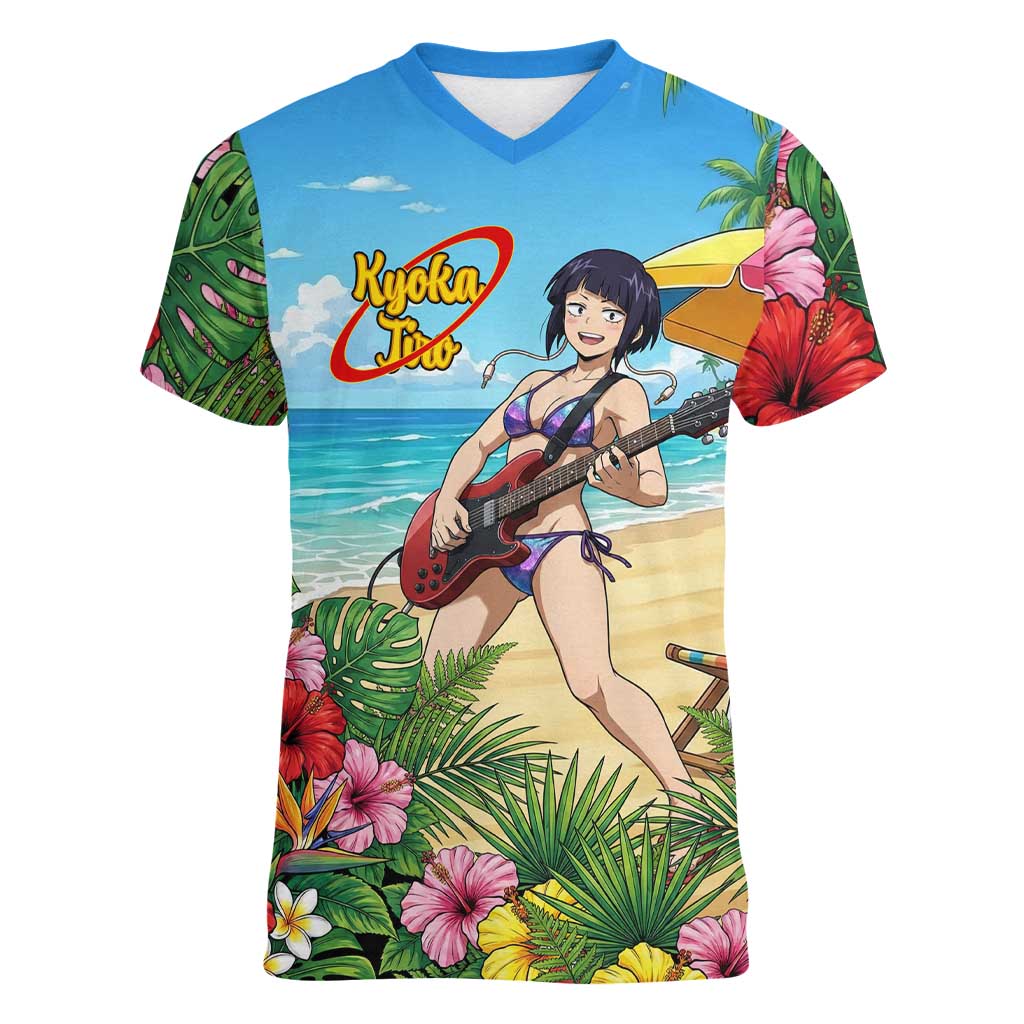 Kyoka Jiro Summer Chill Women V-Neck T-Shirt Tropical Anime Rock Vibes