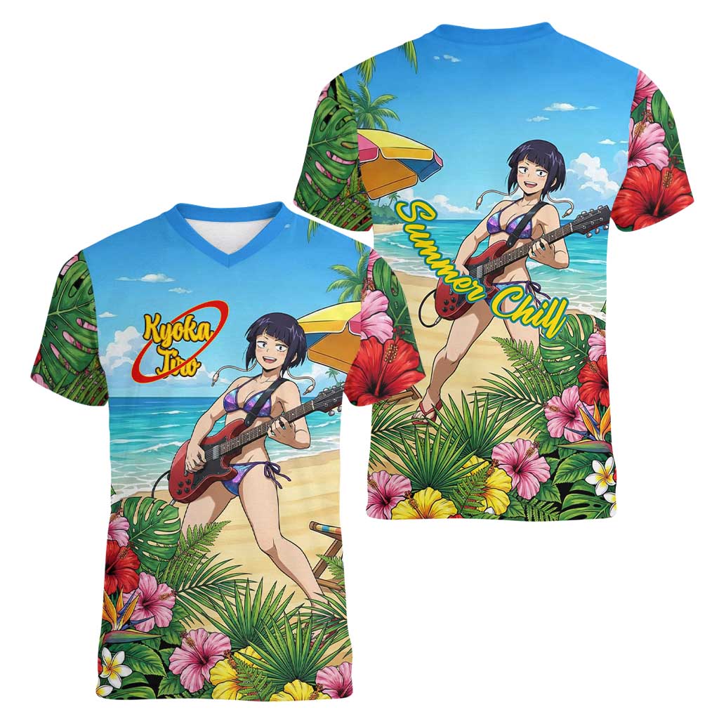 Kyoka Jiro Summer Chill Women V-Neck T-Shirt Tropical Anime Rock Vibes