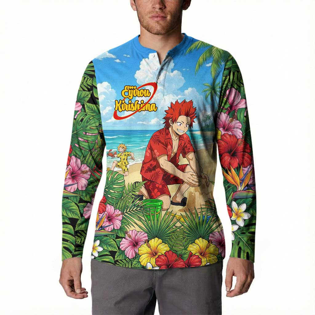 Eijirou Kirishima Summer Chill Button Sweatshirt Tropical Anime Beach Fun