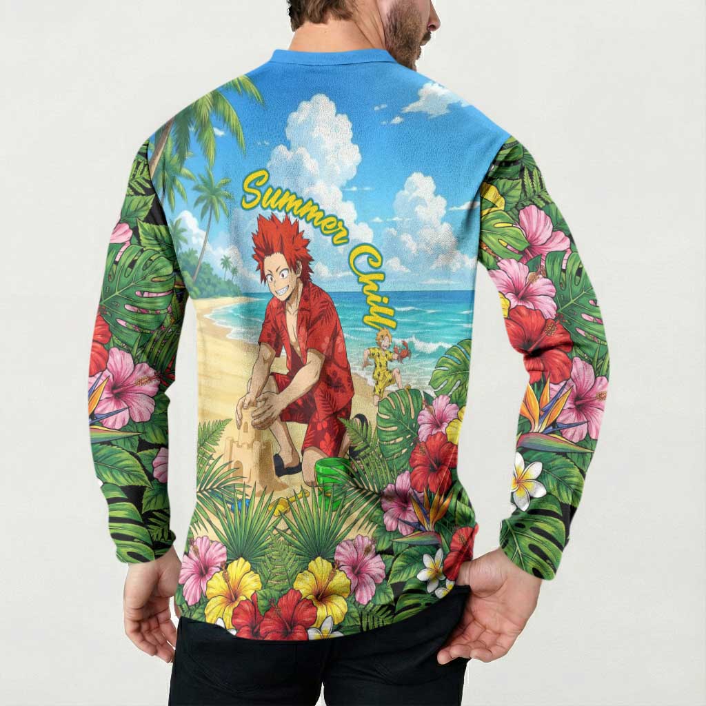 Eijirou Kirishima Summer Chill Button Sweatshirt Tropical Anime Beach Fun