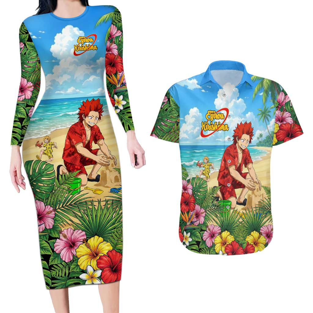 Eijirou Kirishima Summer Chill Couples Matching Long Sleeve Bodycon Dress and Hawaiian Shirt Tropical Anime Beach Fun