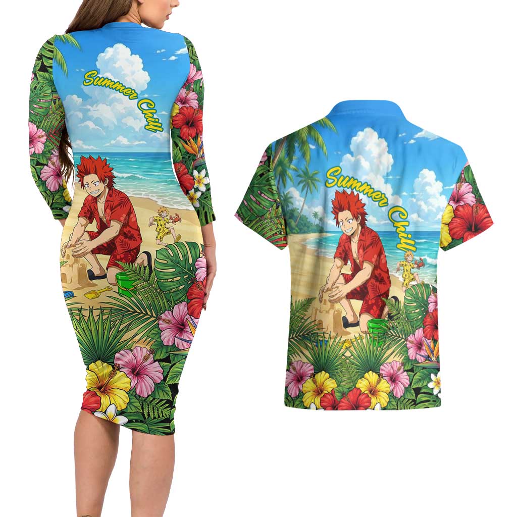 Eijirou Kirishima Summer Chill Couples Matching Long Sleeve Bodycon Dress and Hawaiian Shirt Tropical Anime Beach Fun