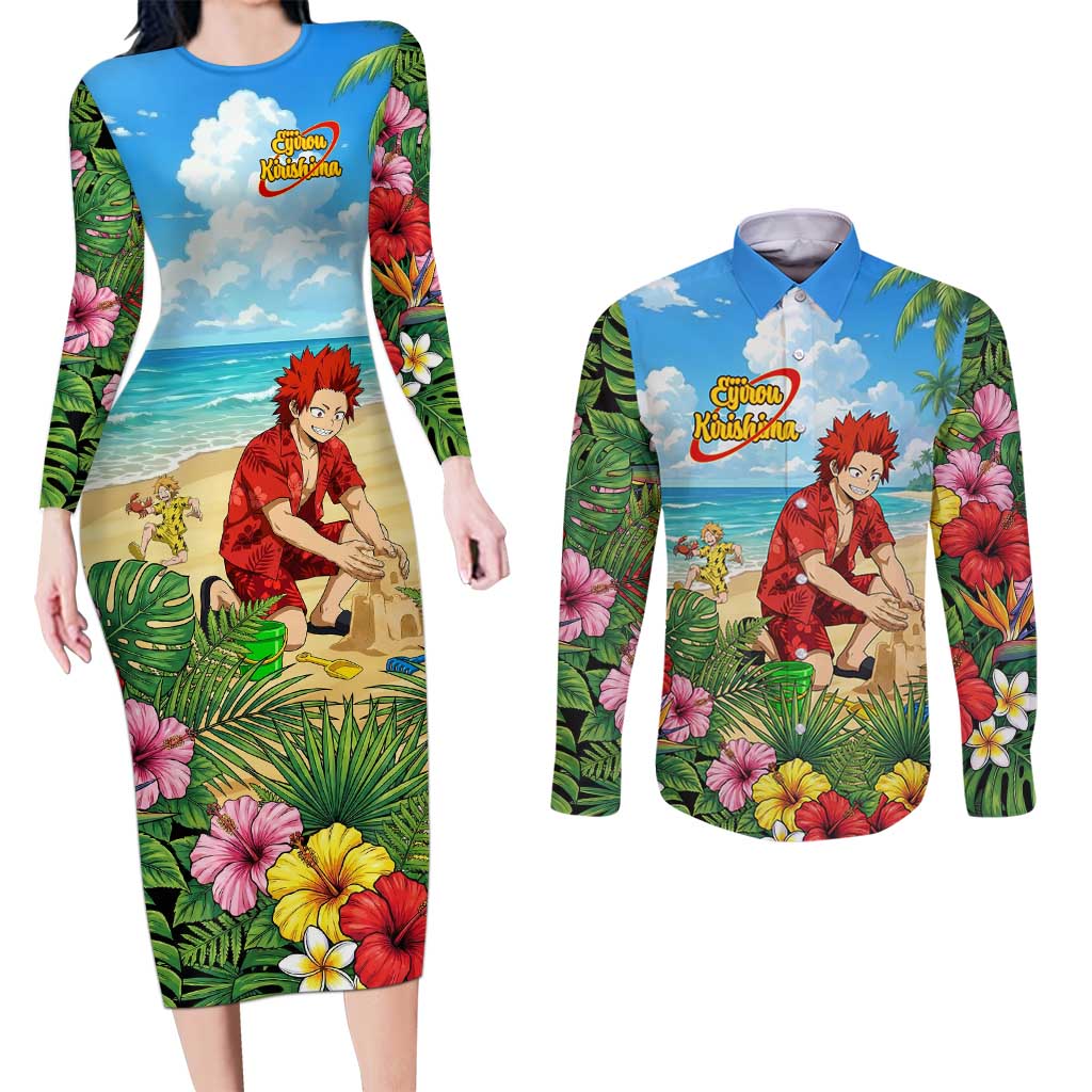 Eijirou Kirishima Summer Chill Couples Matching Long Sleeve Bodycon Dress and Long Sleeve Button Shirt Tropical Anime Beach Fun