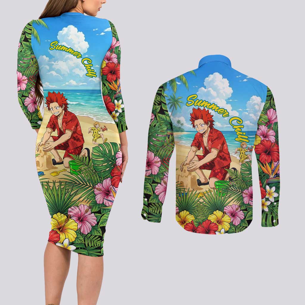 Eijirou Kirishima Summer Chill Couples Matching Long Sleeve Bodycon Dress and Long Sleeve Button Shirt Tropical Anime Beach Fun