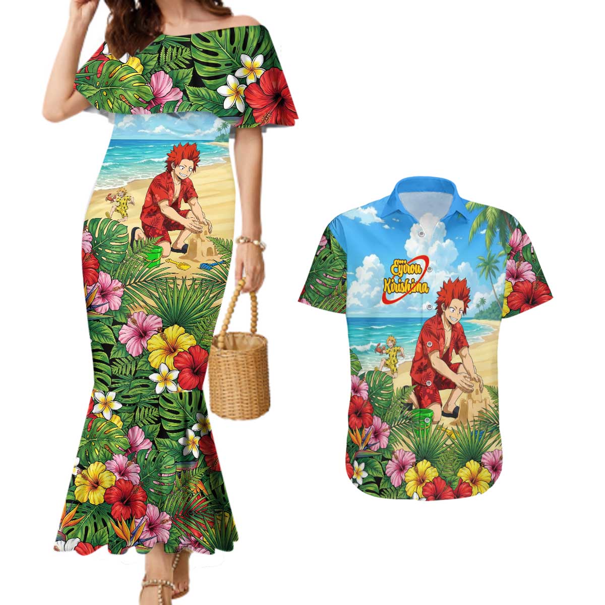 Eijirou Kirishima Summer Chill Couples Matching Mermaid Dress and Hawaiian Shirt Tropical Anime Beach Fun