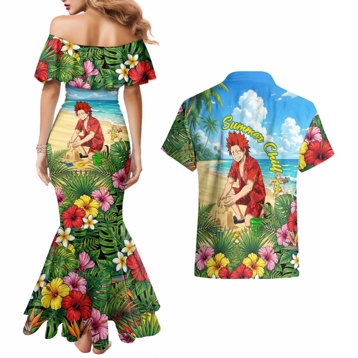 Eijirou Kirishima Summer Chill Couples Matching Mermaid Dress and Hawaiian Shirt Tropical Anime Beach Fun
