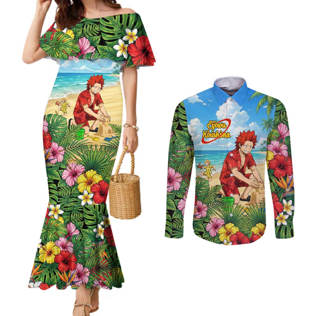 Eijirou Kirishima Summer Chill Couples Matching Mermaid Dress and Long Sleeve Button Shirt Tropical Anime Beach Fun