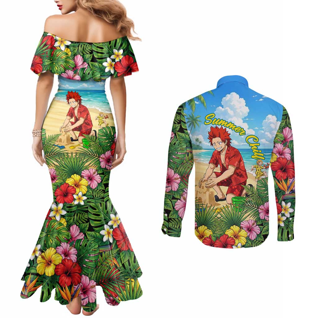 Eijirou Kirishima Summer Chill Couples Matching Mermaid Dress and Long Sleeve Button Shirt Tropical Anime Beach Fun