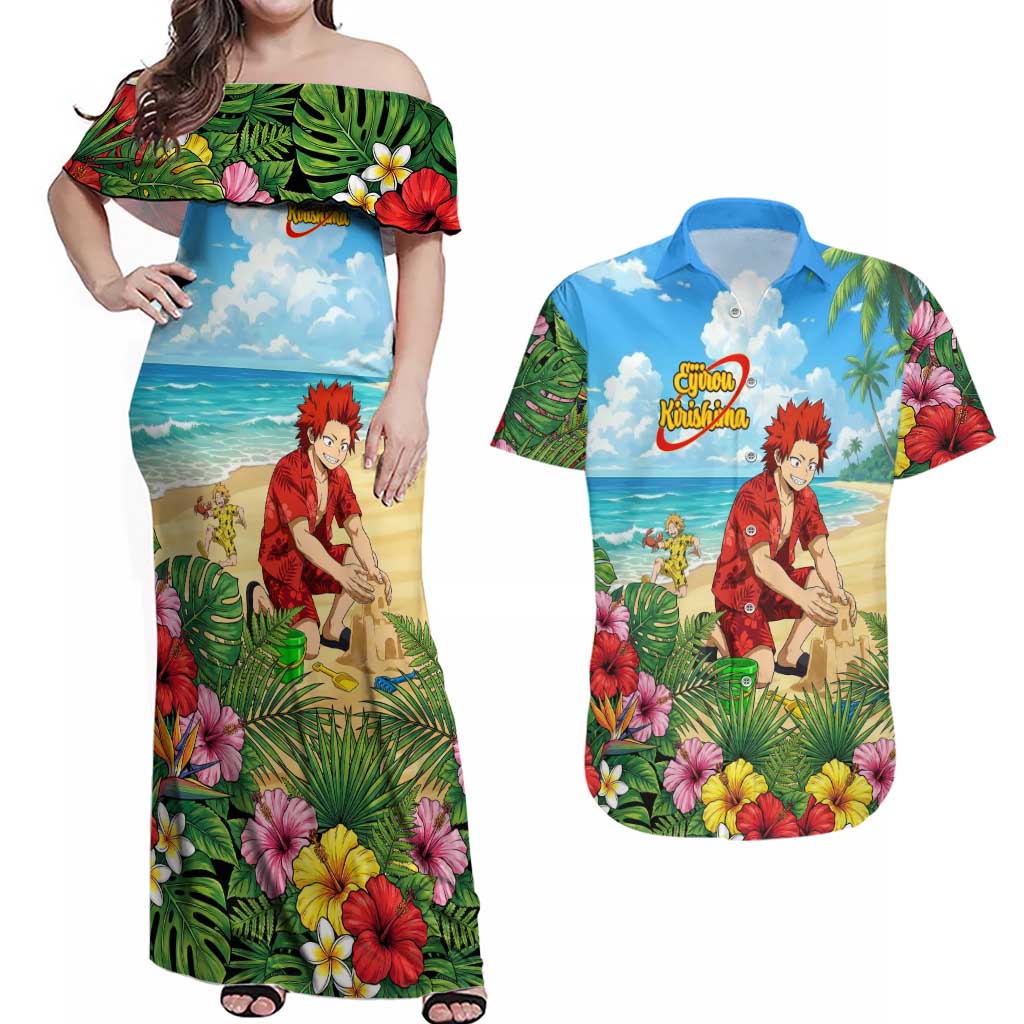 Eijirou Kirishima Summer Chill Couples Matching Off Shoulder Maxi Dress and Hawaiian Shirt Tropical Anime Beach Fun