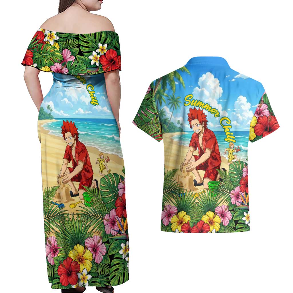 Eijirou Kirishima Summer Chill Couples Matching Off Shoulder Maxi Dress and Hawaiian Shirt Tropical Anime Beach Fun