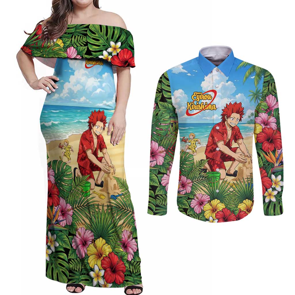 Eijirou Kirishima Summer Chill Couples Matching Off Shoulder Maxi Dress and Long Sleeve Button Shirt Tropical Anime Beach Fun