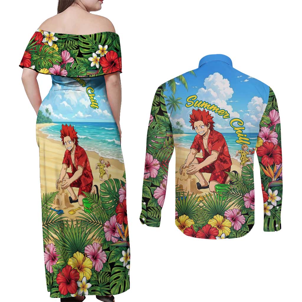 Eijirou Kirishima Summer Chill Couples Matching Off Shoulder Maxi Dress and Long Sleeve Button Shirt Tropical Anime Beach Fun