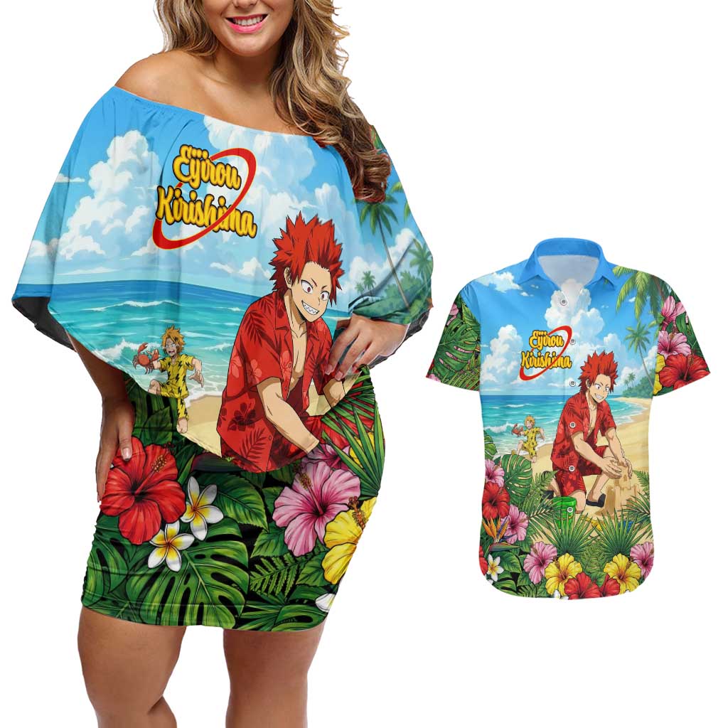 Eijirou Kirishima Summer Chill Couples Matching Off Shoulder Short Dress and Hawaiian Shirt Tropical Anime Beach Fun