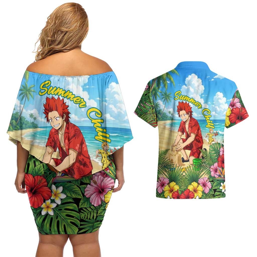 Eijirou Kirishima Summer Chill Couples Matching Off Shoulder Short Dress and Hawaiian Shirt Tropical Anime Beach Fun