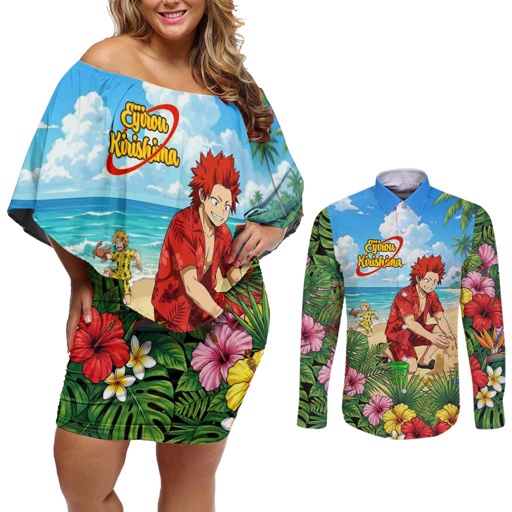 Eijirou Kirishima Summer Chill Couples Matching Off Shoulder Short Dress and Long Sleeve Button Shirt Tropical Anime Beach Fun