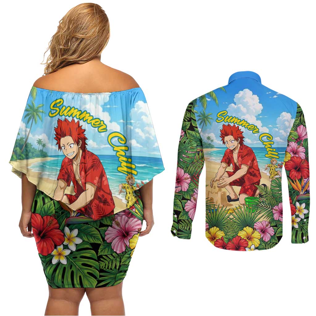 Eijirou Kirishima Summer Chill Couples Matching Off Shoulder Short Dress and Long Sleeve Button Shirt Tropical Anime Beach Fun