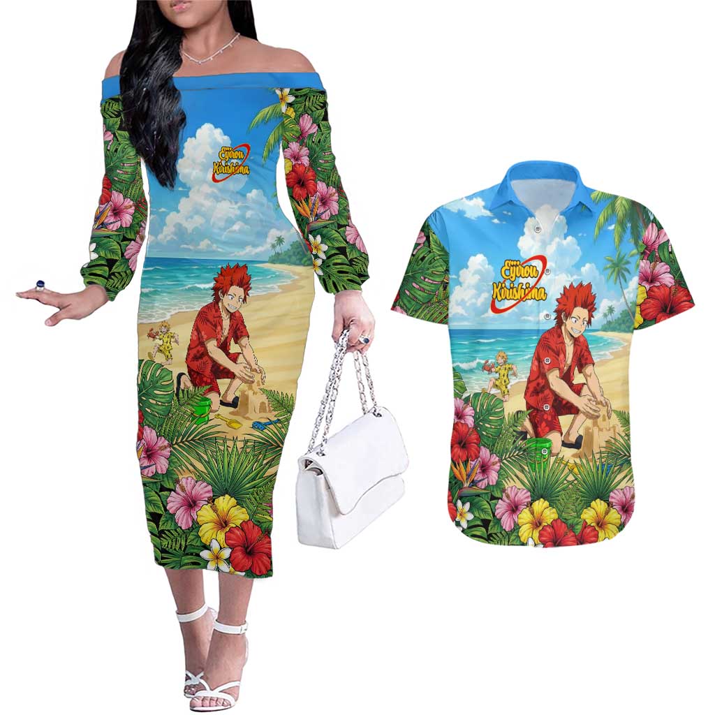 Eijirou Kirishima Summer Chill Couples Matching Off The Shoulder Long Sleeve Dress and Hawaiian Shirt Tropical Anime Beach Fun