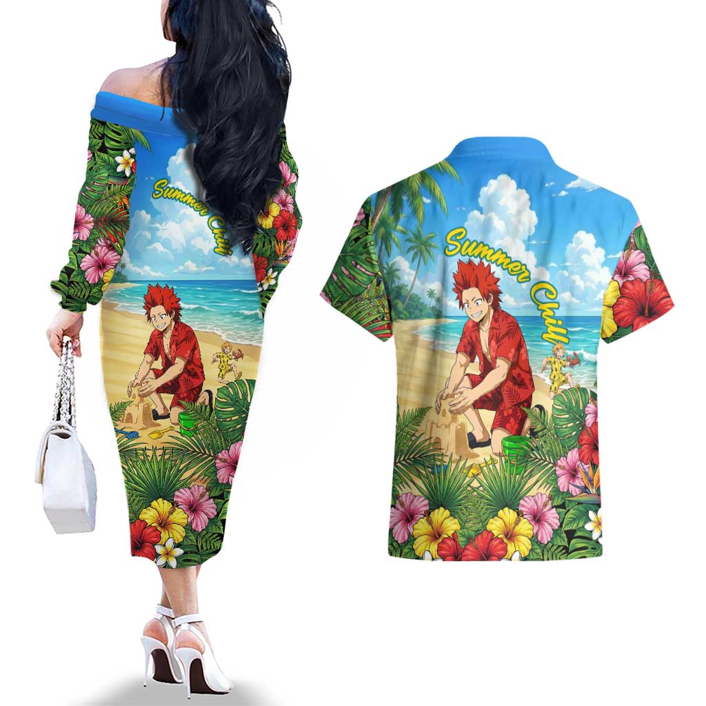 Eijirou Kirishima Summer Chill Couples Matching Off The Shoulder Long Sleeve Dress and Hawaiian Shirt Tropical Anime Beach Fun