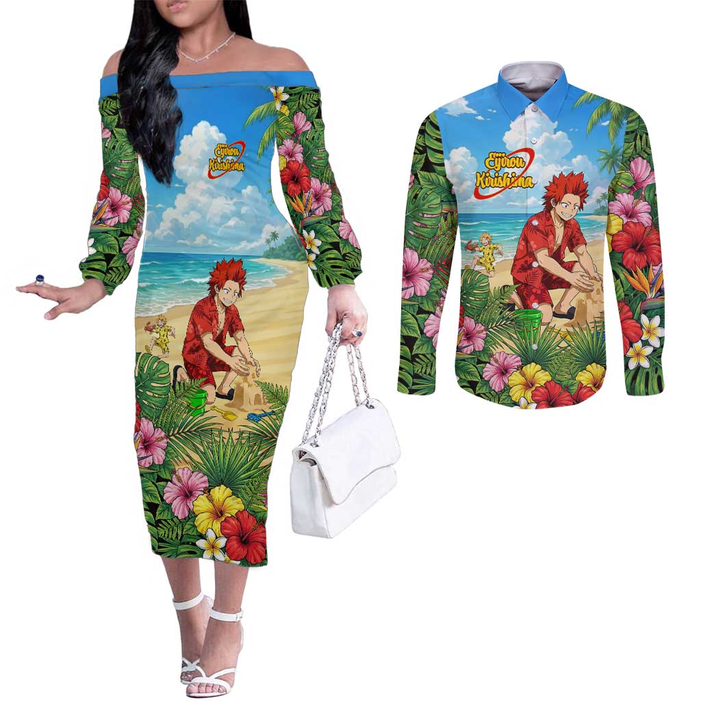 Eijirou Kirishima Summer Chill Couples Matching Off The Shoulder Long Sleeve Dress and Long Sleeve Button Shirt Tropical Anime Beach Fun