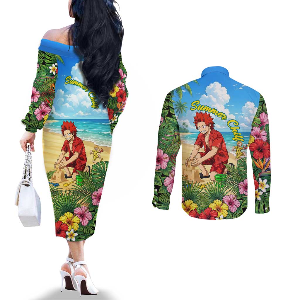 Eijirou Kirishima Summer Chill Couples Matching Off The Shoulder Long Sleeve Dress and Long Sleeve Button Shirt Tropical Anime Beach Fun
