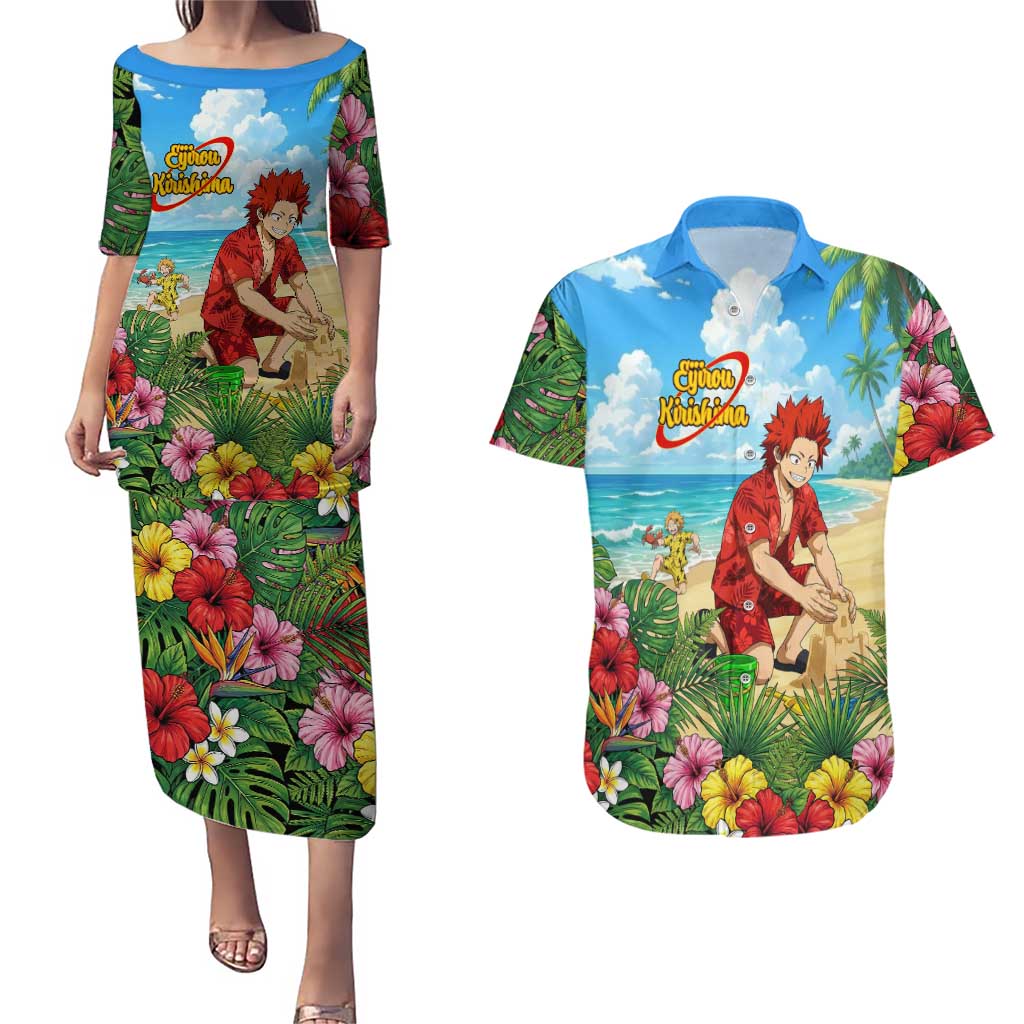 Eijirou Kirishima Summer Chill Couples Matching Puletasi and Hawaiian Shirt Tropical Anime Beach Fun
