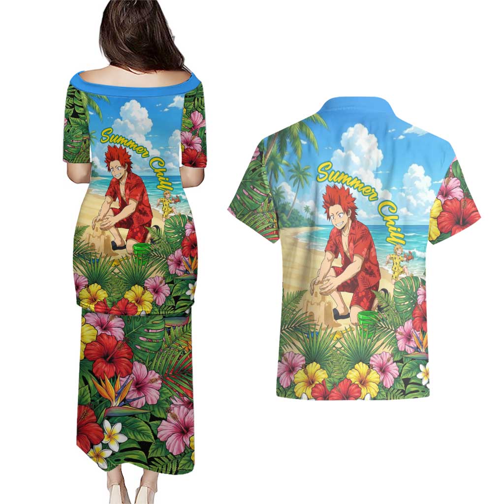 Eijirou Kirishima Summer Chill Couples Matching Puletasi and Hawaiian Shirt Tropical Anime Beach Fun