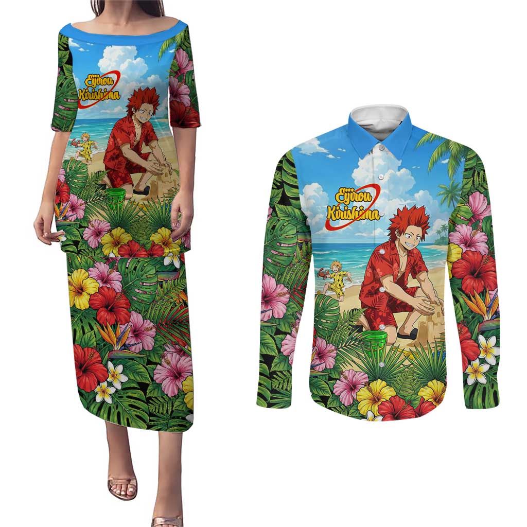 Eijirou Kirishima Summer Chill Couples Matching Puletasi and Long Sleeve Button Shirt Tropical Anime Beach Fun