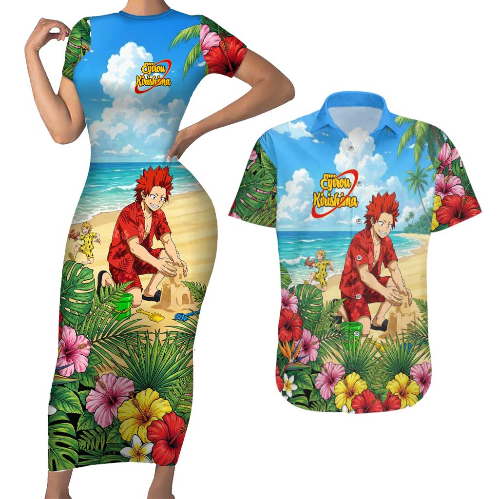 Eijirou Kirishima Summer Chill Couples Matching Short Sleeve Bodycon Dress and Hawaiian Shirt Tropical Anime Beach Fun