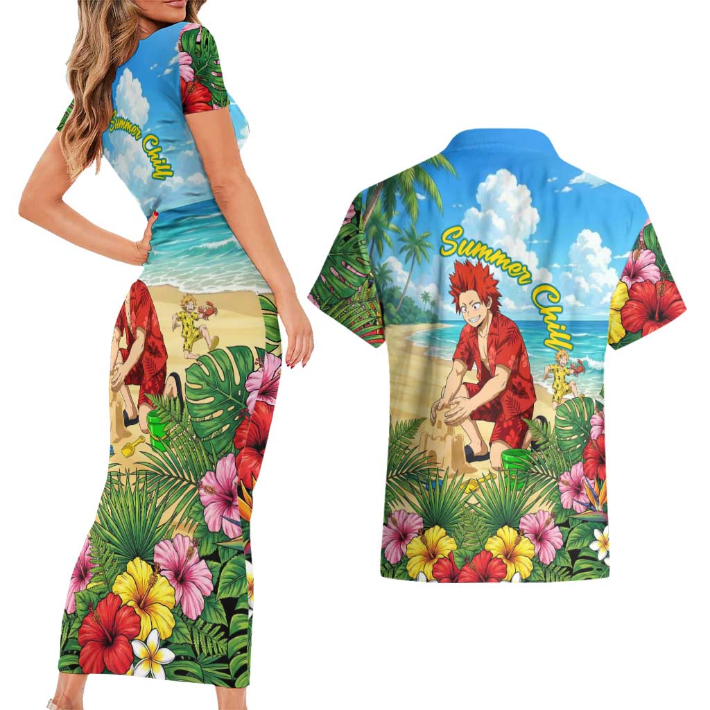 Eijirou Kirishima Summer Chill Couples Matching Short Sleeve Bodycon Dress and Hawaiian Shirt Tropical Anime Beach Fun